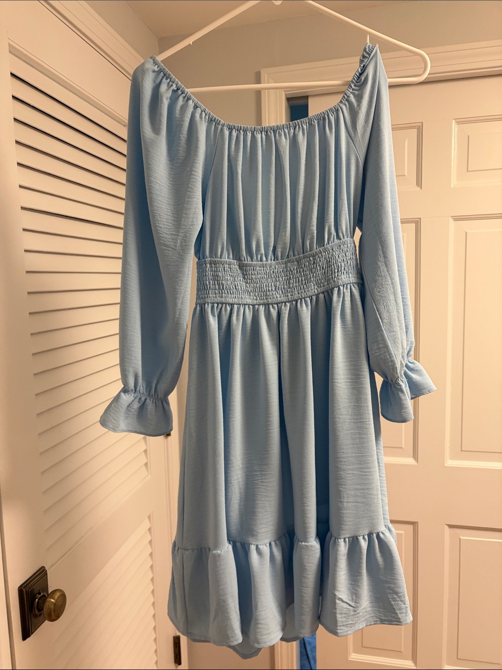 Light Blue Off-Shoulder Ruffle Hem Dress